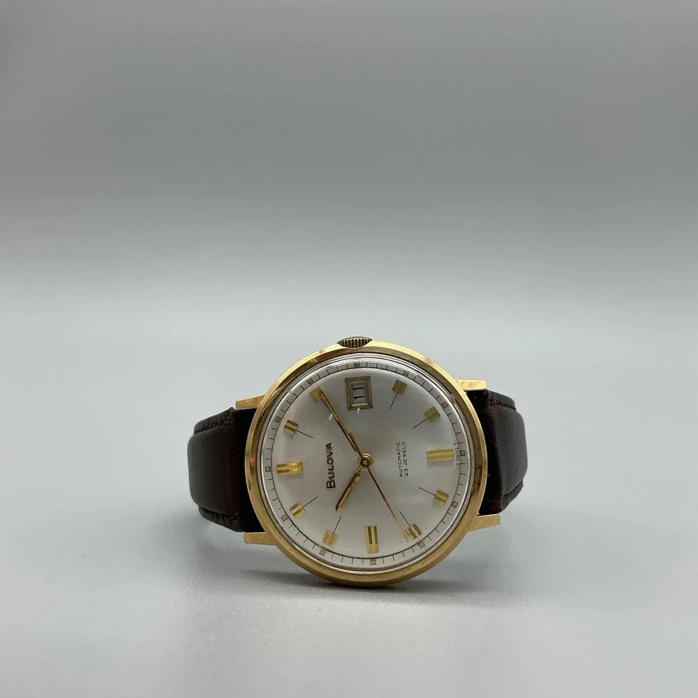 Vintage Bulova Automatic 23 Jewels Mens Watch 34mm Gold Plated Date King Leather